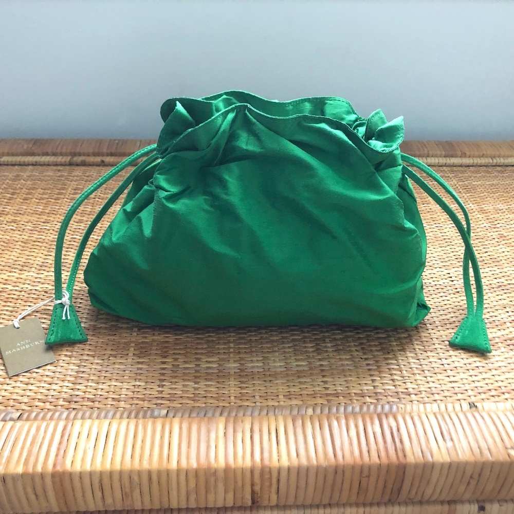 Ann Mashburn Cinch Bag Green Silk Shatung Crossbody Chain NWT